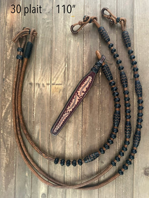 Romal Reins 30 plait GM Rich CARMEL REINS with Black Barrels and Buttons MC30Cb